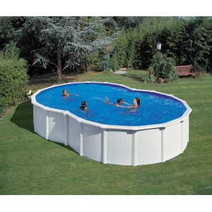Piscina ovale da giardino Varadero (500x340x120 cm) in acciaio bianco con persone che nuotano.