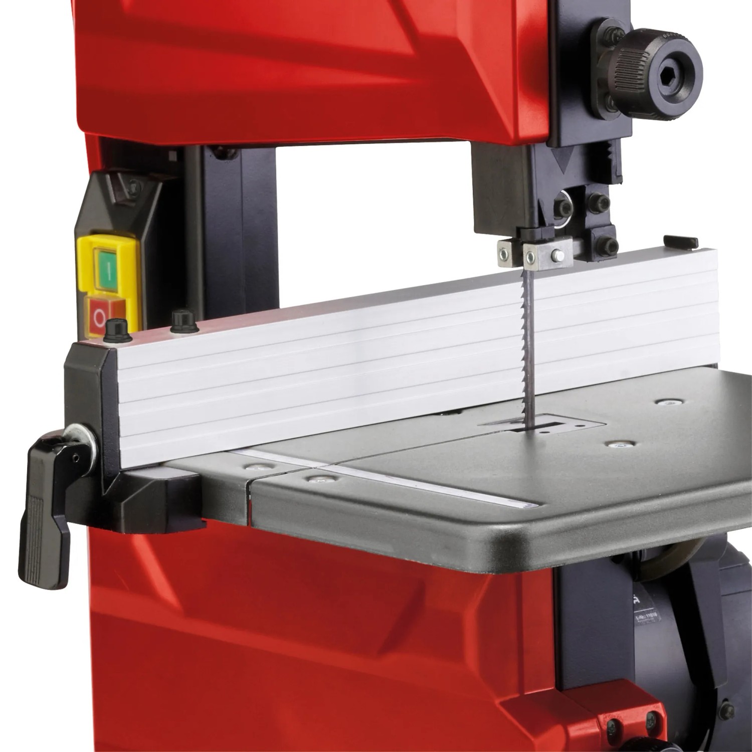 Sega a nastro Einhell TC-SB 200/1: Sega a nastro rossa con lama e tavolo per tagli precisi.