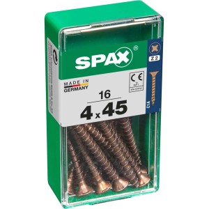 Viti per legno SPAX 4x45 mm in contenitore di plastica verde.