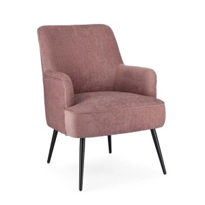 Poltrona con braccioli t.b.t. con rivestimento in tessuto rosa e gambe in metallo nero.