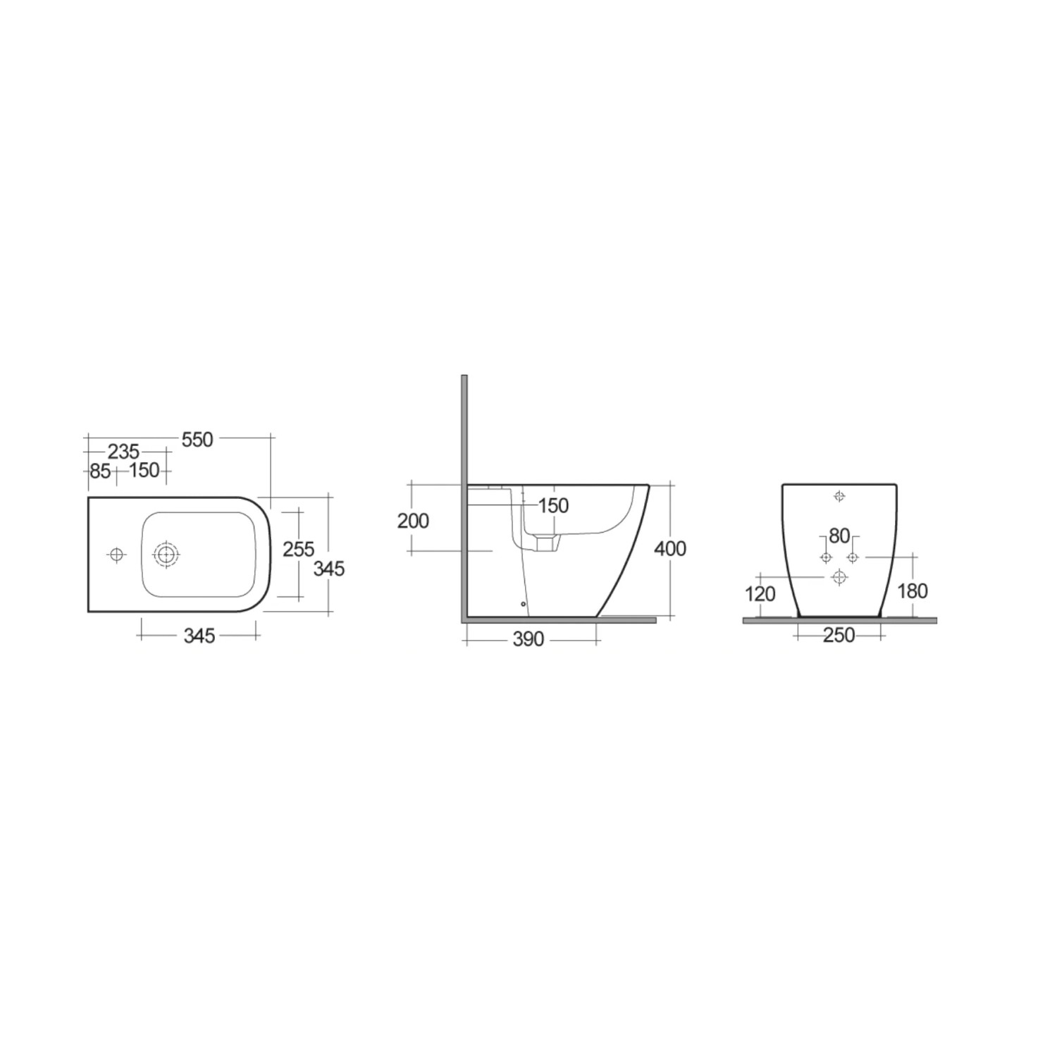 Disegno tecnico del bidet t.b.t. con misure per l'installazione.