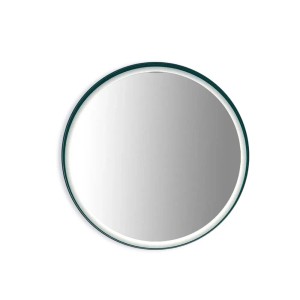 Specchio da parete rotondo con cornice verde scuro.