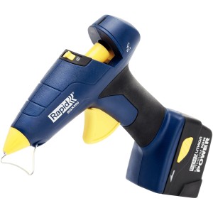 Pistola per colla a caldo a batteria di Rapid, blu/nero/giallo, con batteria. Ideale per incollare in casa.
