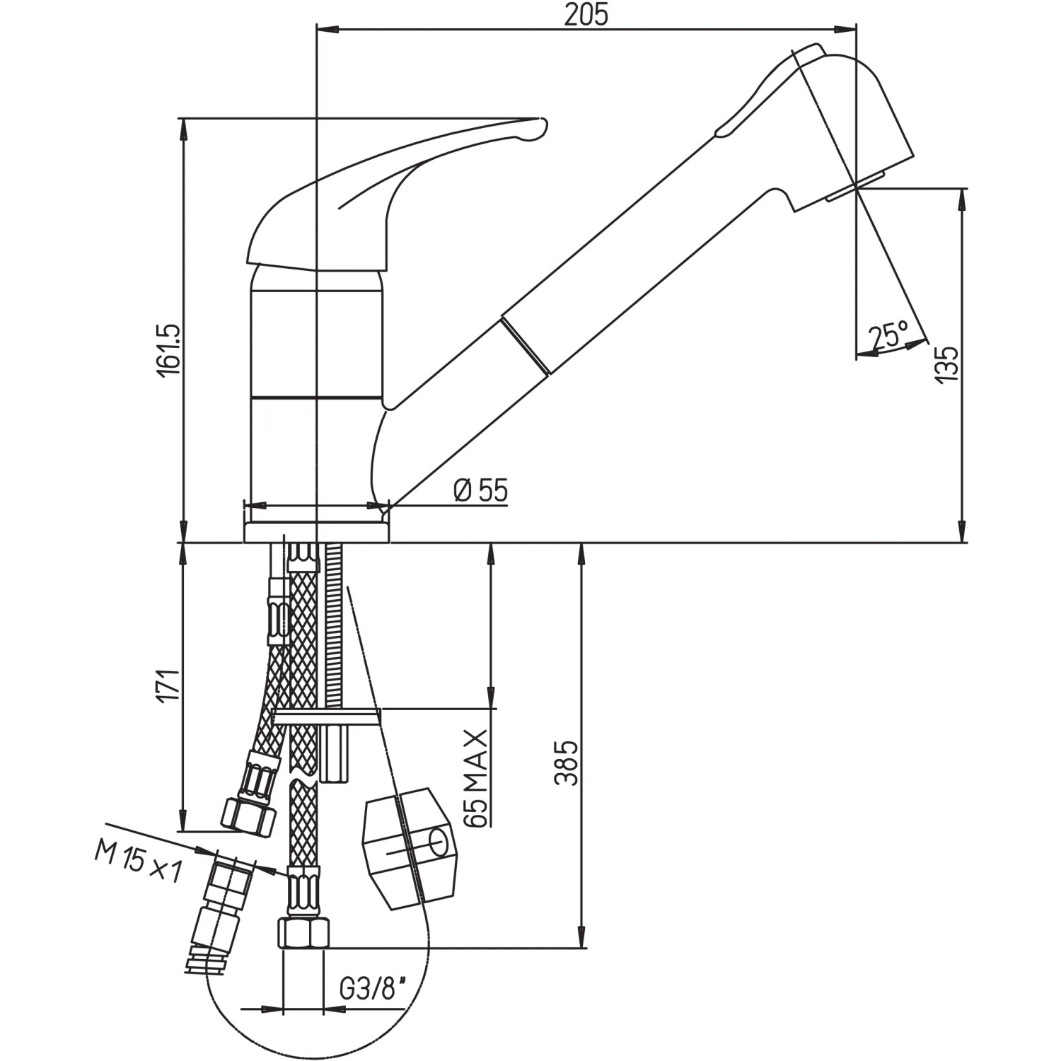 Disegno tecnico: miscelatore monocomando t.b.t. con dimensioni.