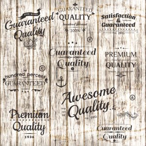 Adesivo da parete t.b.t. con scritte come "Guaranteed Quality" su effetto legno, ideale come decorazione.