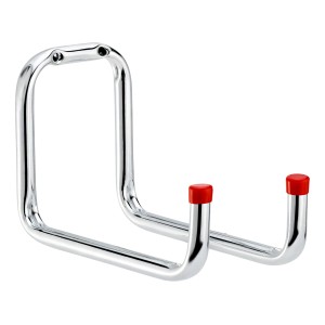 Portautensili zincato, 120x160x90mm, con due ganci e cappucci in gomma rossi.