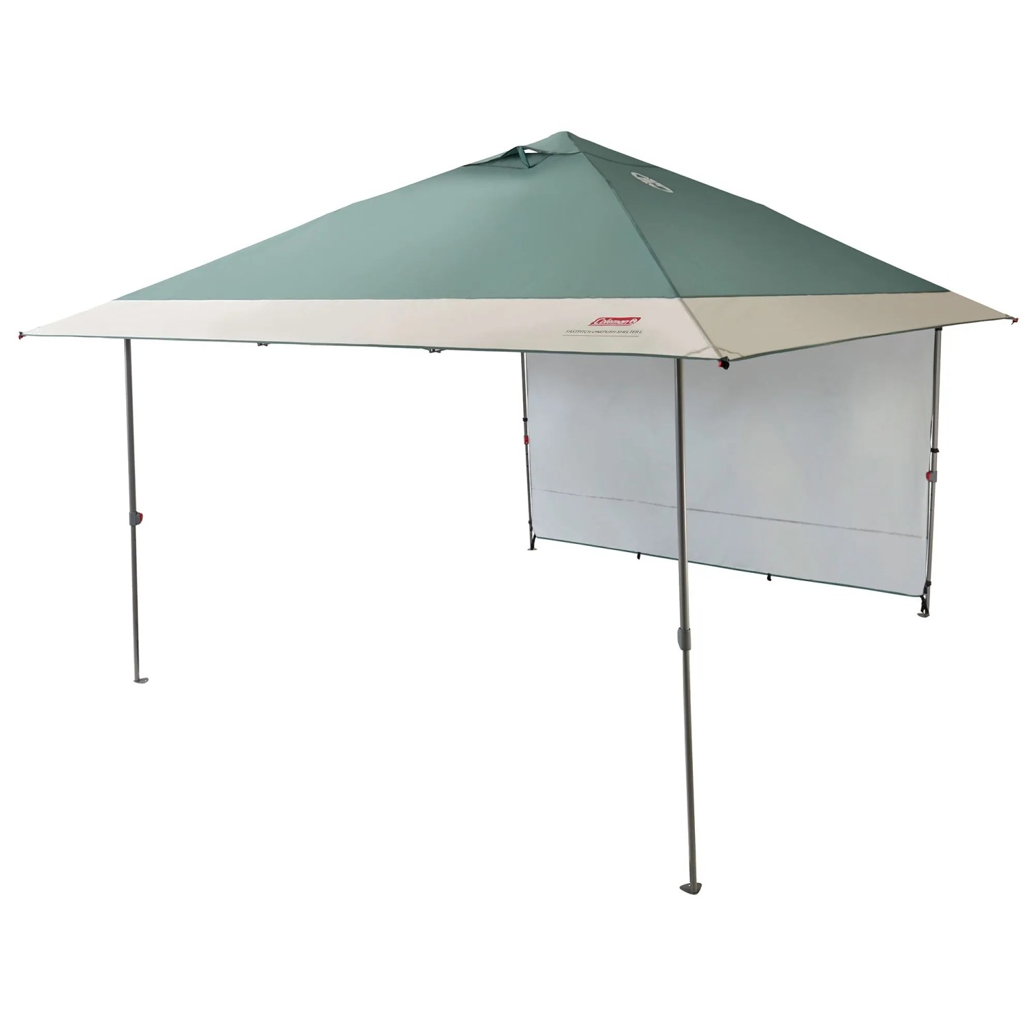 Coleman FastPitch OnePush Shelter L, tenda da campeggio verde e bianca con borsa.