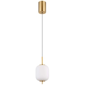 Moderna lampada a sospensione t.b.t. con paralume in vetro bianco e dettagli dorati.