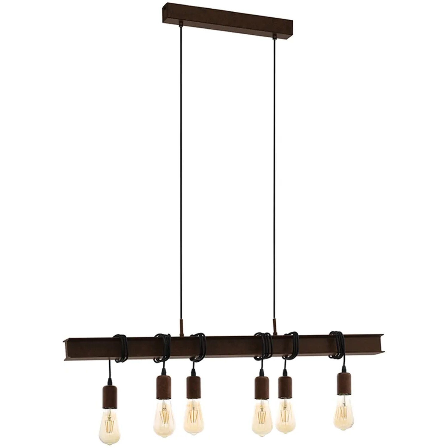 Lampada a sospensione Eglo Townshend, 6 luci, nero-marrone, con lampadine a vista.