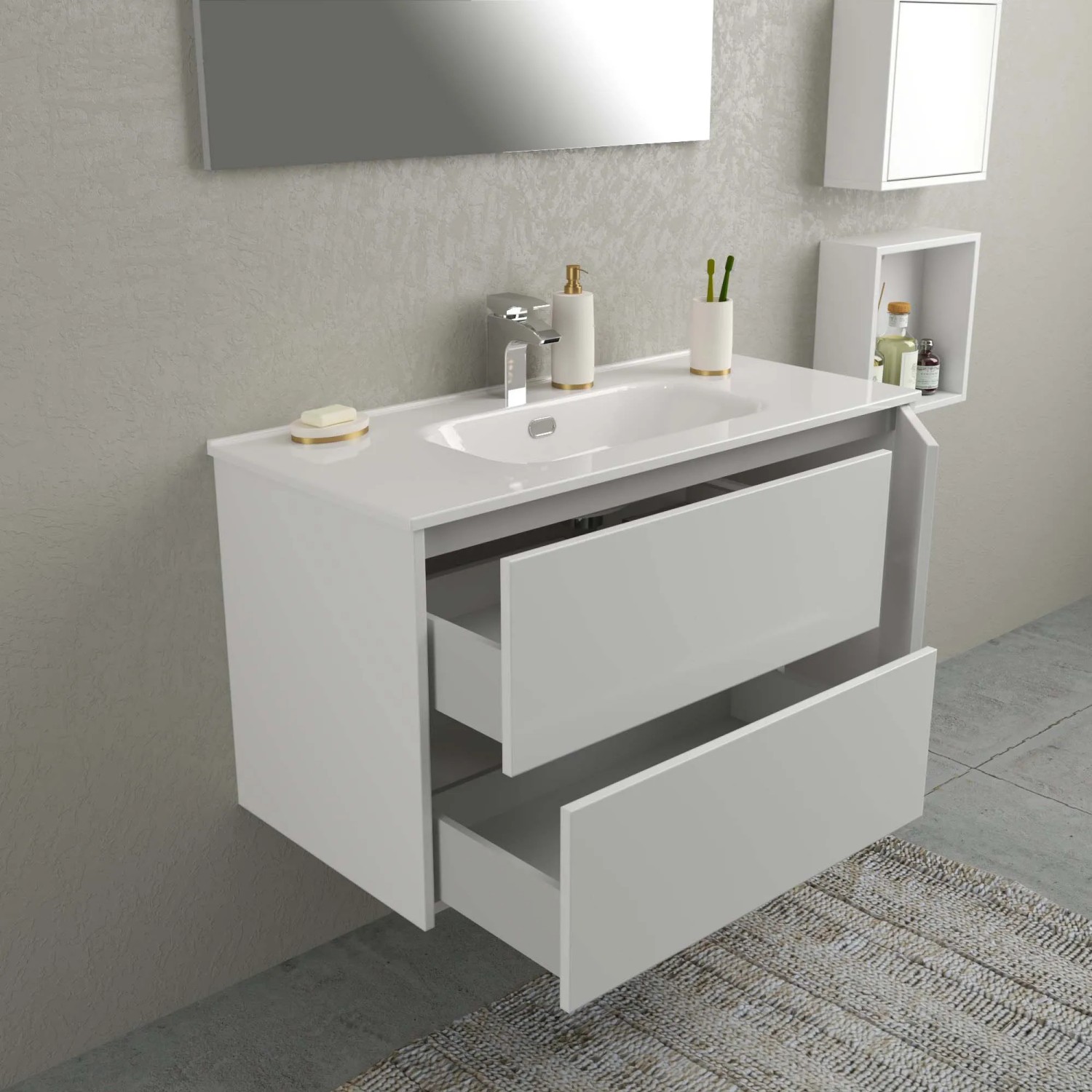 Mobile bagno bianco con due cassetti aperti, parte della serie di arredo bagno.