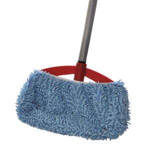 Mocio blu con supporto rosso per la pulizia dei pavimenti.