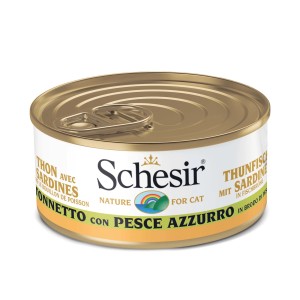 Schesir cibo umido per gatti con tonno e sardine in brodo, lattina da 70g.