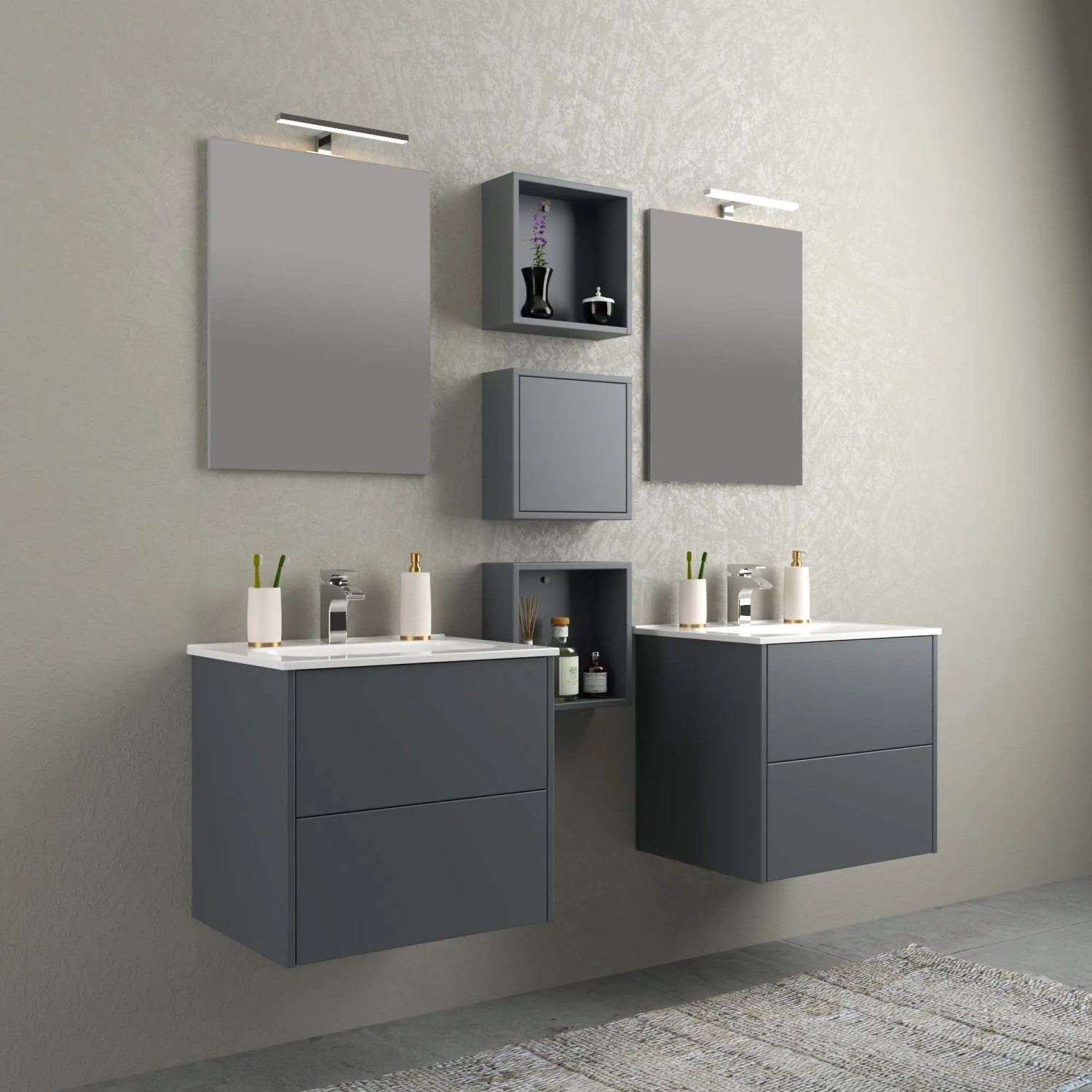 Set di mobili da bagno grigi con lavabi, specchi e mensole per un design moderno del bagno.