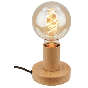 Lampada da scrivania moderna con paralume rotondo e base in legno.