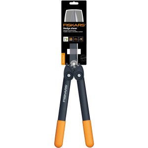 Cesoie per siepi Fiskars PowerGearTM II HS72, strumento da giardino con manici arancioni.