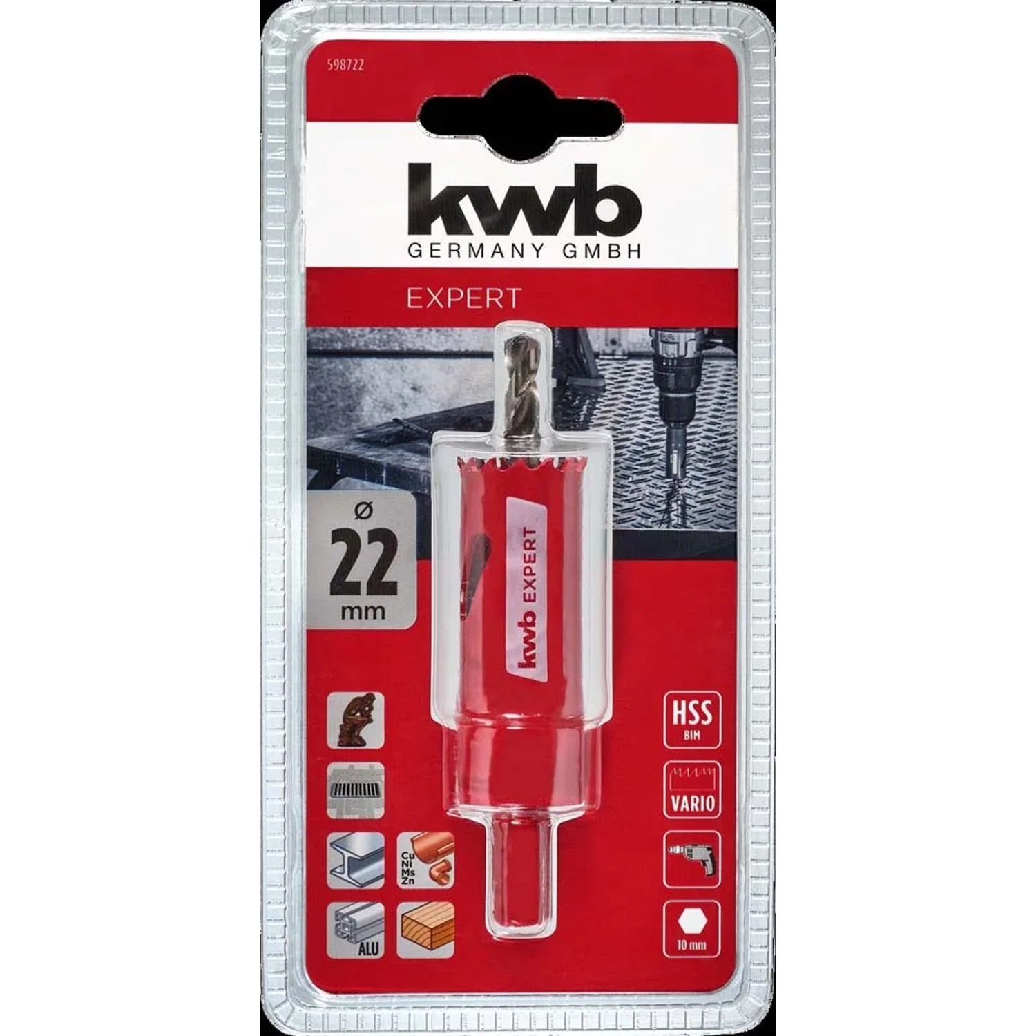 KWB EXPERT sega a tazza, 22mm, rossa, per trapani. Ideale per fori precisi.