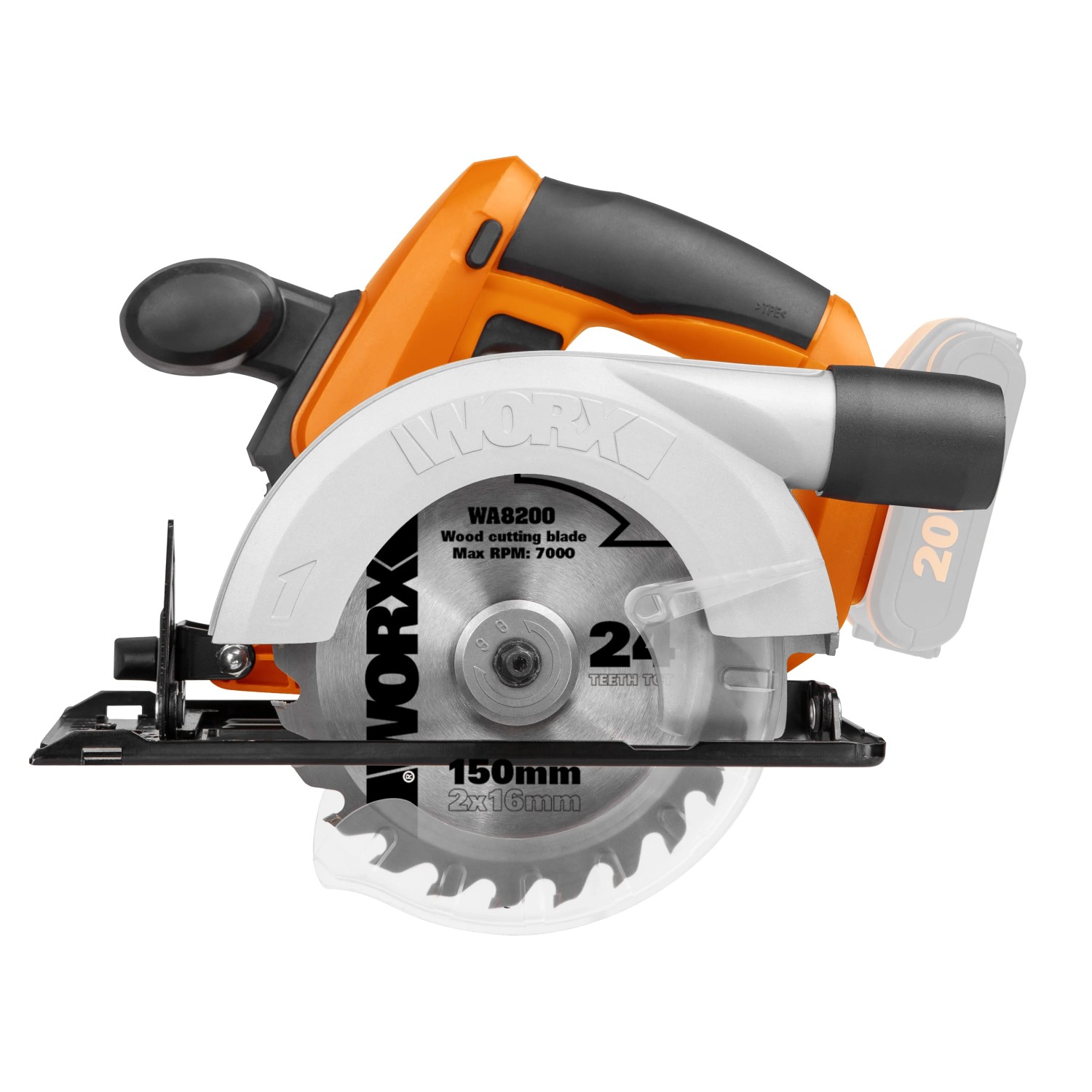 Sega circolare a batteria Worx WX529.9 20V, arancio-nero, con lama. Design compatto.