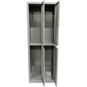 Armadietto metallico grigio t.b.t. con quattro scomparti e ante aperte.