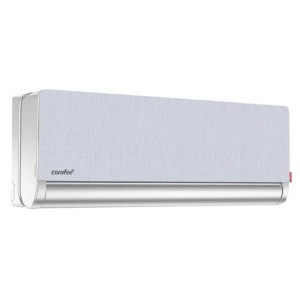 Condizionatore t.b.t. con corpo argentato e rivestimento in tessuto grigio chiaro.