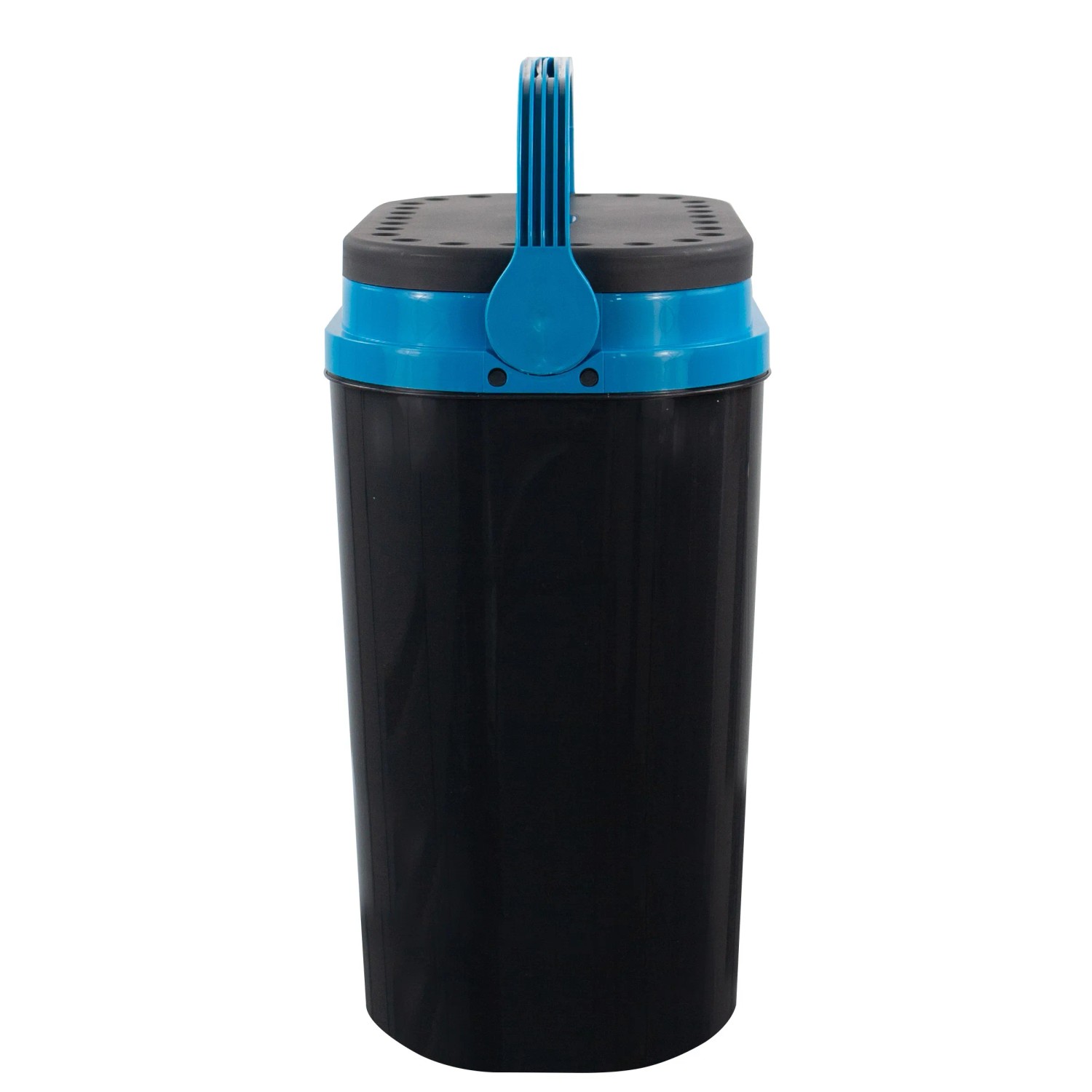 Contenitore da campeggio nero con coperchio e manico blu.