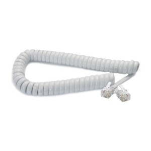 Cavo telefonico bianco a spirale con connettori RJ11.