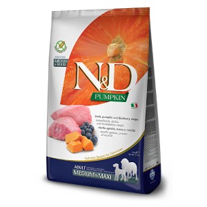 N&D Pumpkin cibo secco per cani, Adult Medium & Maxi, con agnello, zucca e mirtilli.