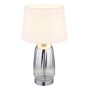 Elegante lampada da scrivania con base argentata e paralume bianco.