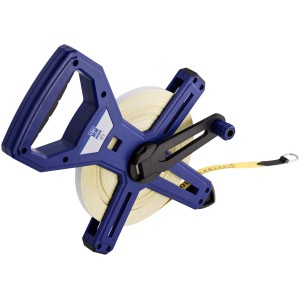 LUX Rotella metrica a telaio Comfort 50m: Custodia blu con nastro in fibra di vetro e manovella.