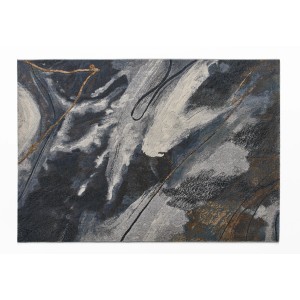 Tappeto moderno con motivo astratto nei toni del grigio, bianco e oro.