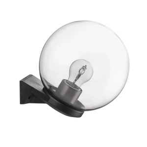 Applique moderna con globo in vetro trasparente e supporto nero.