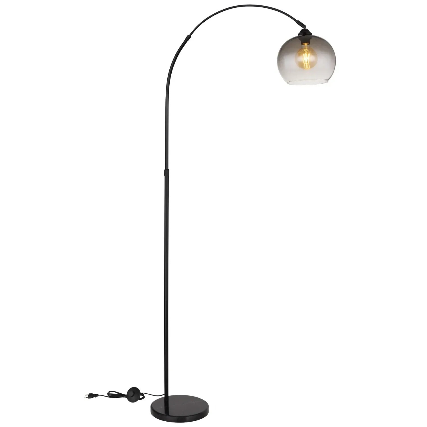 Lampada da terra nera Globo Newcastle con paralume in vetro fumé e base in marmo.