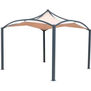 Gazebo con struttura grigia e tenda parasole beige.