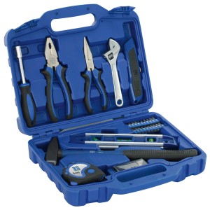 Cassetta attrezzi LUX blu (43 pz.) con martello, pinze, chiave inglese, livella e metro a nastro.