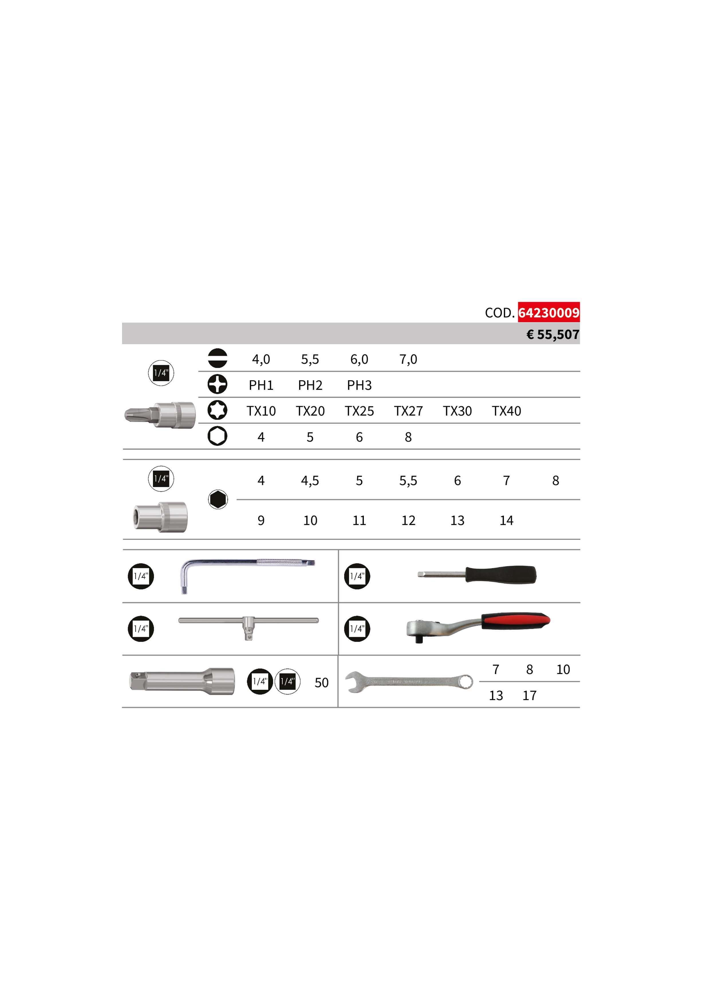 Set bussole e accessori 1/4 Krino con chiavi combinate in valigetta 40 pz