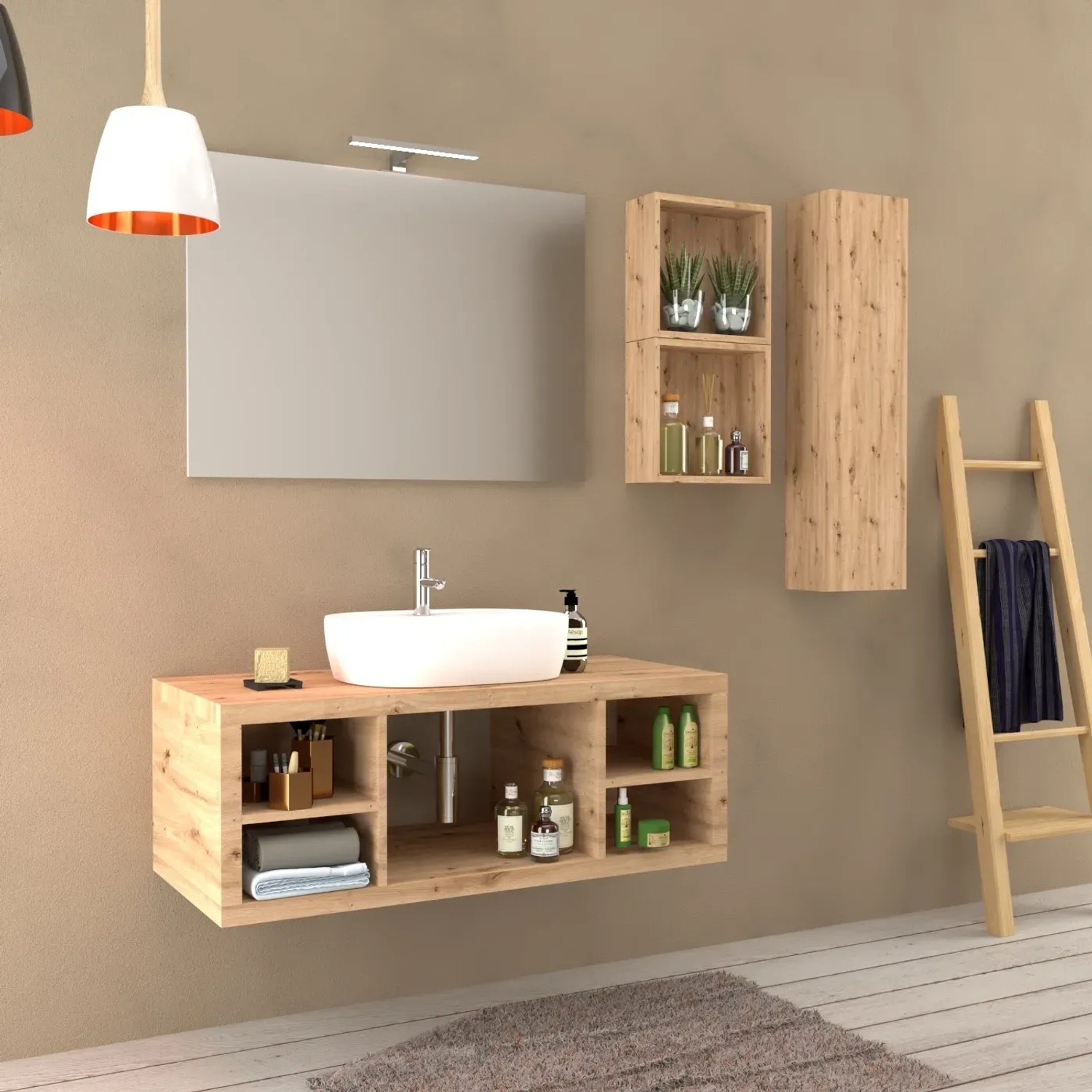 Set bagno moderno con mobile lavabo, specchio e scaffali in legno.