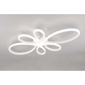 Plafoniera LED bianca moderna con elementi curvi.