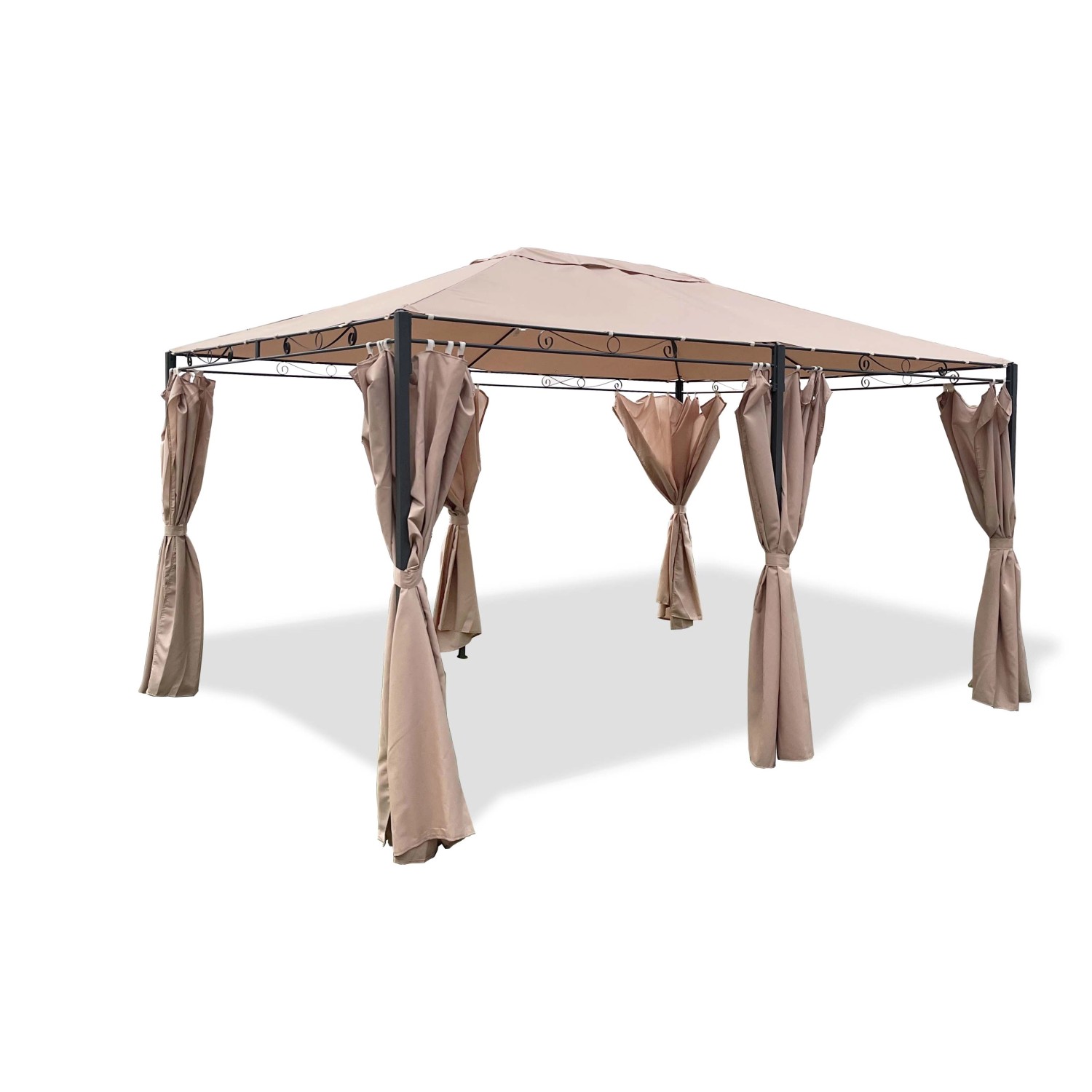 Gazebo beige con tende per giardino e patio.