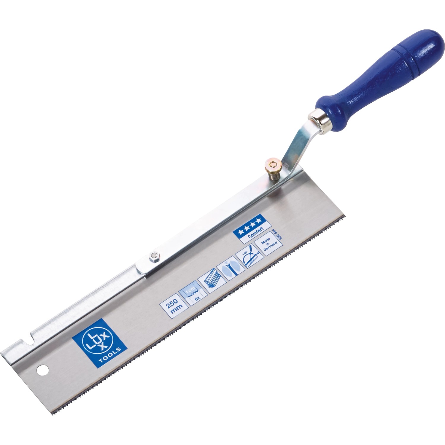 Seghetto LUX-TOOLS, reclinabile, con manico in legno di faggio blu e lama da 250 mm per tagli di precisione.