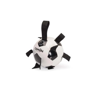 Gioco per cani a forma di pallone da calcio bianco e nero con anelli.