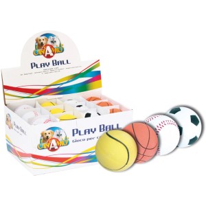 Diverse palline da gioco per cani e gatti in scatola espositiva.