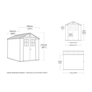 Disegno tecnico di una casetta da giardino in plastica con dimensioni.