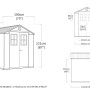 Disegno tecnico di una casetta da giardino in plastica con dimensioni.