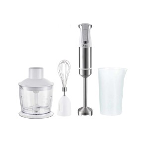 Set t.b.t. mixer a immersione con accessori: piede, frusta, misurino e tritatutto.