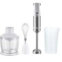 Set t.b.t. mixer a immersione con accessori: piede, frusta, misurino e tritatutto.