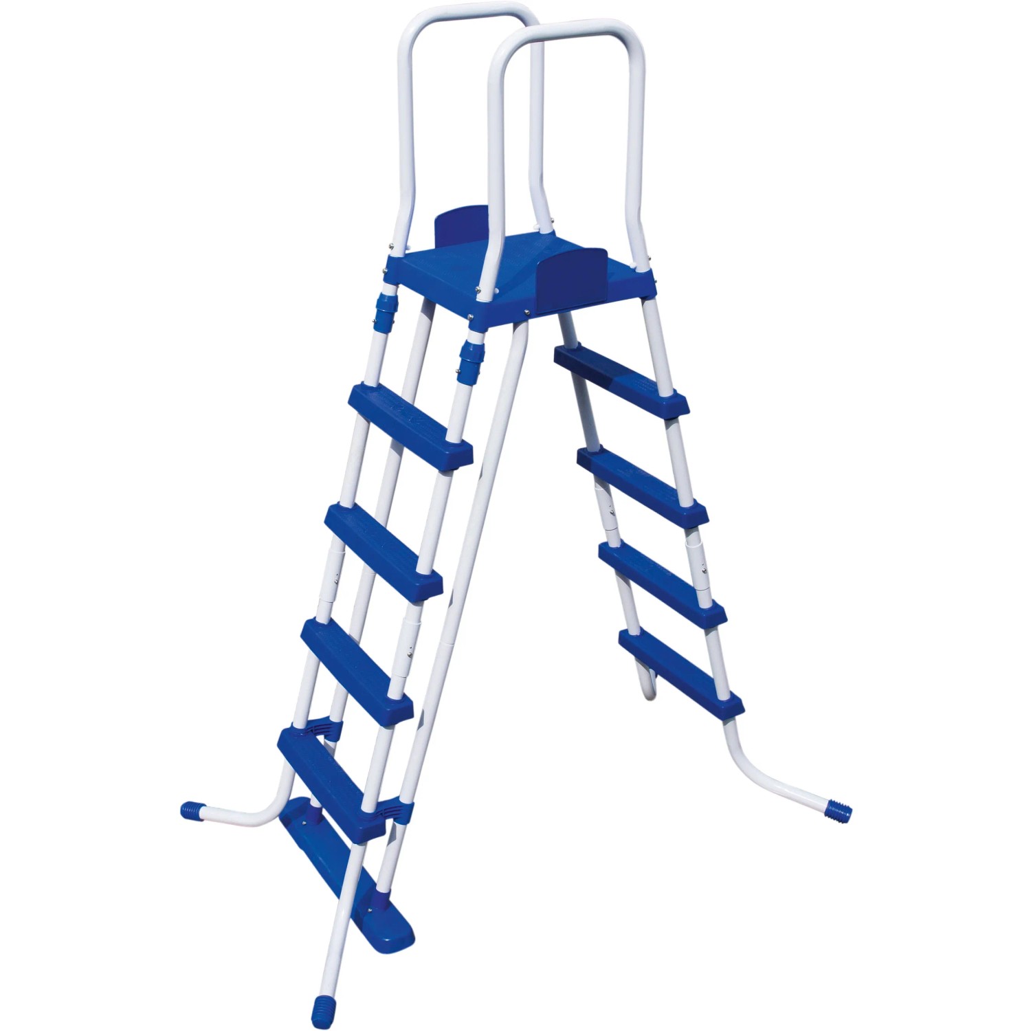 Scaletta per piscina blu con montanti bianchi per un facile accesso alla piscina.