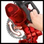 Troncatrice Einhell TC-MS 2112 rossa con mano sul blocco e lama.