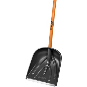 Pala da neve con manico arancione e lama nera. Vanghe e badili.