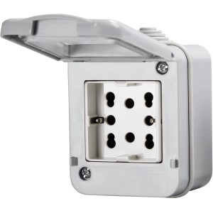 Presa esterna bianca t.b.t. con coperchio aperto per uso esterno.