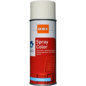 Bomboletta spray colorata OBI, colore e applicazione suggeriti sull'etichetta.