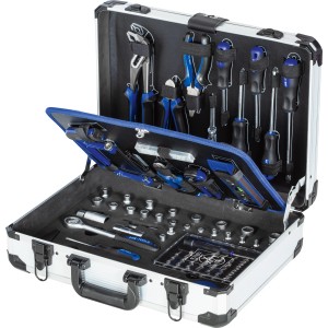 Valigetta attrezzi LUX aperta, 129 pezzi, in alluminio con diversi utensili.